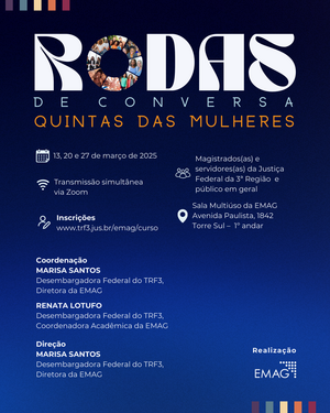 Cartaz de anúncio de um evento chamado "Rodas de Conversa - Quintas das Mulheres", fundo degradê em azul com elementos gráficos na cor branca.